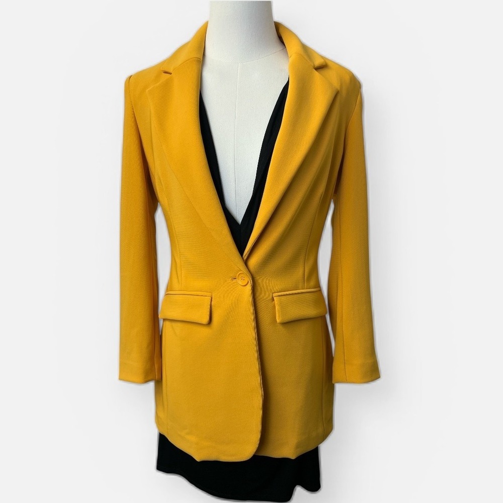 Boston‎ Proper Blazer Womens 0 Yellow Long One Button Lined Jacket Work Office